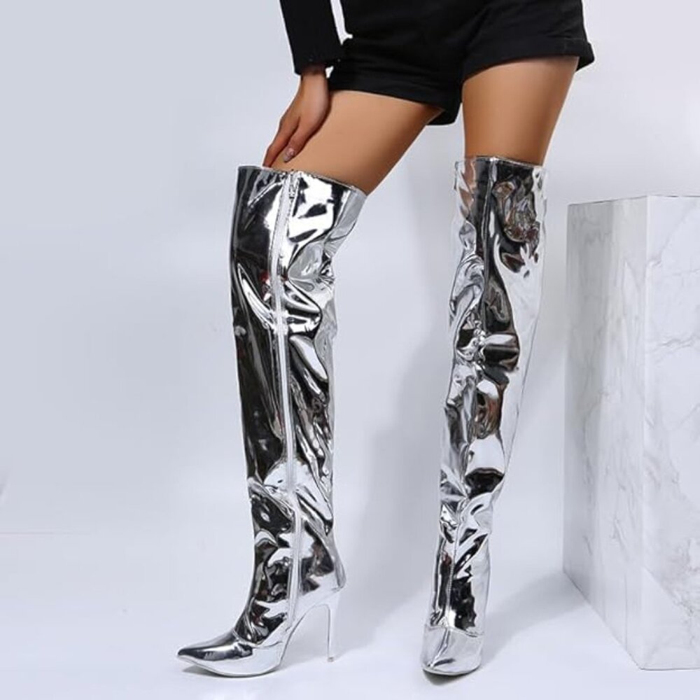 Arqa Women's Metallic Over The Knee High Boots Pointed Toe Stiletto High Heel Th